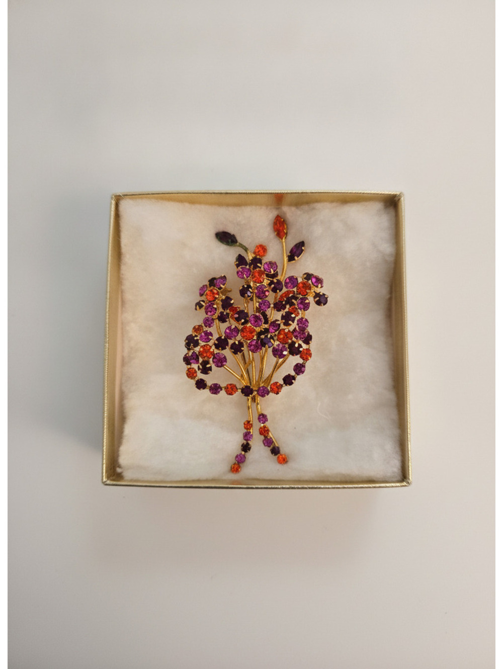 Vintage Gold Tone Floral Brooch with Purple and Orange Rhinestones